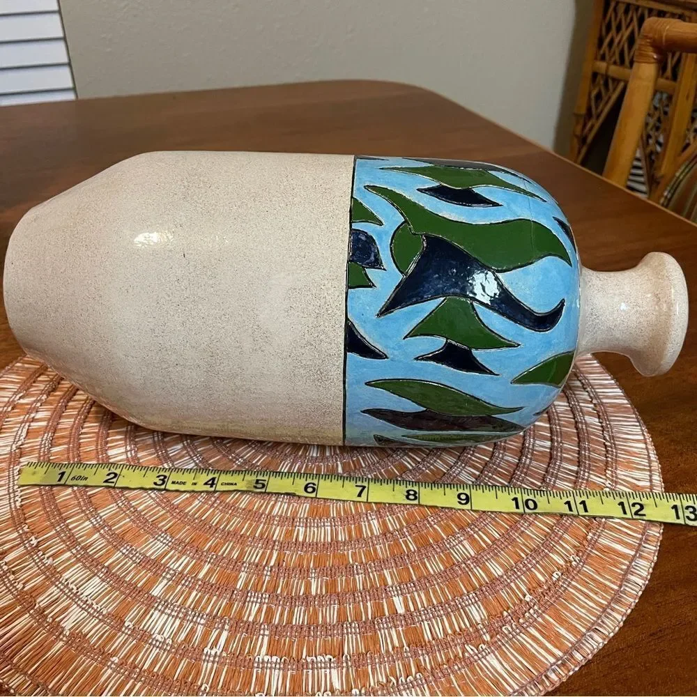 Ceramic Hand Painted Vase Blue Green Beige Signed by John Bell dated 9-22-04